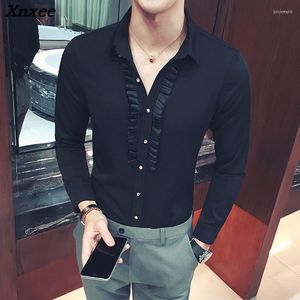 Camisas de vestido masculino Men camisa moda moda esbelta cor sólida cor de mangas compridas barras barbeiro noite de mar de alta qualidade