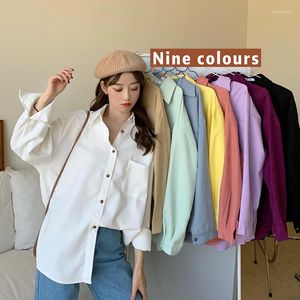 Women's Blouses Solid Button Up Flannel Shirt Brown Black Blue Khaki Pink Green Purple Spring Korean Style Long Sleeve Women Oversized