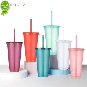 480/700ml Flash Powder Water Bottle with Straws Lid Plastic Reusable Personalized Drinkware Coffee Drinking Cup Christmas Gifts