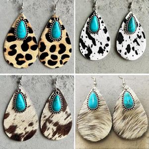 Dangle Earrings Western Animal Pattern Cowhide Water Drop Turquoise Metal Retro Simple Cow Leopard Gifts