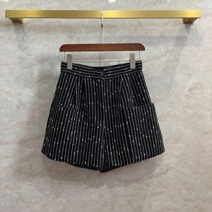 Shorts femininos de tweed preto tweed preto primavera verão 2023 calças de lã listrada listrada casual