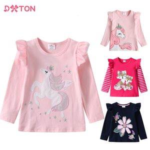 T-Shirts Dxton Kids Unicorn Cartoon Tişörtlü Kız Kıyafetleri Uzun Kollu Tee Bahar Günlük Giyim Üstleri Toddlers Pink Tees Çocuk Giyim 230508