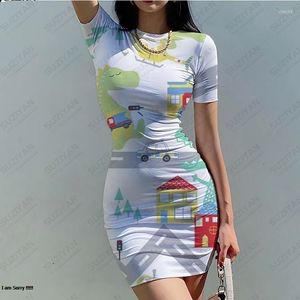 الفساتين غير الرسمية 2023 الصيف أزياء ضيقة زهرة فستان يابانية الطباعة المثيرة جولة رقبة قصيرة الأكمام التفاف الورك