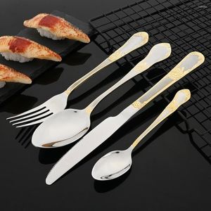 Set di posate Specchio da tavola in acciaio inossidabile Stoviglie retrò Motivo floreale Cena Coltello Forchetta Cucchiaio Posate da cucina di lusso occidentale