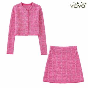 Women rose pink color single breasted 2 pc dress suit short sweater and skirt twinset SML