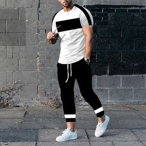 Herrspårar Summer Men's Fashion Trend Tracksuit T-shirt byxor Sätt sportdräkt Manlig överdimensionerad kläddräkt 3D Tryckt Streetwear 230508