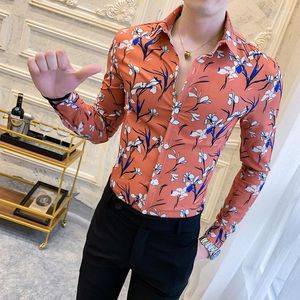 Erkekler Elbise Gömlek 2023 Erkekler Bahar Sonbahar Çiçek Baskı Gündelik Erkek İnce Partisi Uzun Kollu İş Bluzları I151