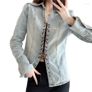 Damenjacken Vintage Fashion Wash Jeansjacke Gebundene Knopfleiste Koreanische Lange Ärmel Dünne Baumwolle Frühling Sommer Trendy Lady