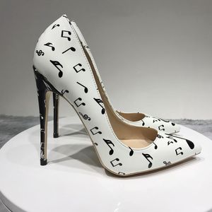 Fashion White Black Musical Notes Shoes Red Sole Stiletto Heel Shoes Sexy Pointed Toe Patent Leather Wedding Ladies High Heels Pumps For Women Dress Shoe Box Dustbag