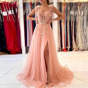 Vestidos de noite formal longos doces dividirem apliques rosa Tulle A-Line Size Plus Size Prom Party Vestidos 03