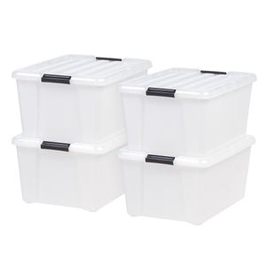IRIS USA 45-litrowe plastikowe pudełko do przechowywania z klamrami, perła, zestaw 4 szt