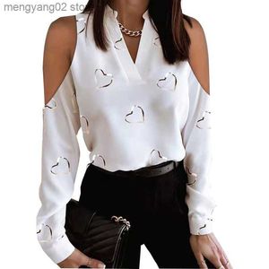 Women's Blouses Shirts 2022 Sexy Off Shoulder Pattern Print Blouse Women Spring Fashion V-neck Hollow Out Sleeve Shirt Elegant Office Lady Pullover Top T230508