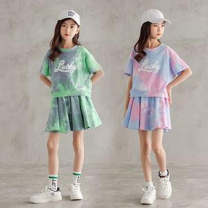 Setssuits Girls Summer Sports Suit Childrenプリント半袖プリーツスカートTwopiece Sets Kids Closes Loungewear 230508