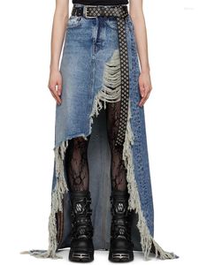 Röcke Punk Style Zerrissene Löcher Unregelmäßige Distressed Denim Rock Sommer Streetwear Hohe Taille Quaste Baumwolle Lange Maxi Jeans ZN277