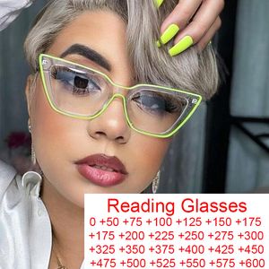 Okuma Gözlükleri Benzersiz Şeffaf Yeşil Kedi Göz Çerçevesi Lüks Tasarımcı Neon Gözlük Çerçeveleri Kadın Diopter 1.5 2 230508