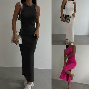 Sukienki swobodne Załoga szyi midi sukienka dla kobiet bez rękawów Seksowne Maxi Slim Solid Simple Ladies