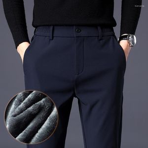 Men's Pants Celana Bulu Hangat Musim Dingin Jogger Pinggang Elastis Pas Badan Bisnis Tebal Korea Klasik Hitam Abu-abu Biru