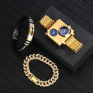 Armbandsur Mänklockor med armband Set gåva för Business Luxury Gold Square Dual Time Zone Dial Quartz Wristwatch Relogio Masculino