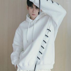 Men's T Shirts Strap Rope Design Hooded Men Long Sleeve Shirt Winter Korean Fashion Split Fork Casual Oversized Pullover Top White