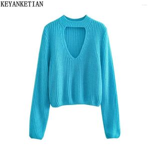 Women's Sweaters KEYANKETIAN Women's Cut-out Neck Knit Fall Minimalist Chic Chunky Blue Short Jumper Long Sleeve Top Sweater