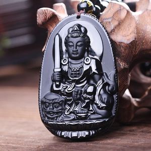 Pendant Necklaces Manjusri Bodhisattva Necklace Black Obsidian Carved Buddha Lucky Amulet For Women Men Pendants Jewelry