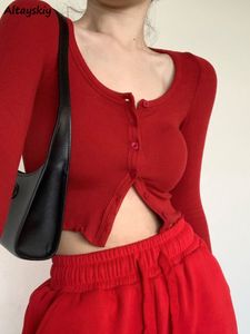 Women's T-Shirt Red Long Sleeve T-shirts Women Sexy Button-up Slim Korean Style Crop Tops Casual Hip Hop Streetwear sweet Girls Spring 230508