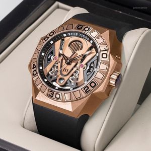 Armbanduhren Reef Tiger/RT Herren Sportuhren Automatik Mechanische Skelettuhr Roségold Wasserdicht Kautschukband Relogio Masculino RGA6912