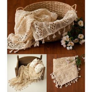 Andenken Baumwolle Vintage Tassel BLAnket Born Pography Requisiten aushöhlen BLAnket Basket Studio Po Shooting Zubehör 230504