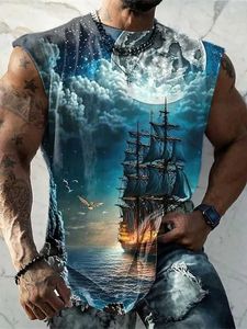 RUKAS Camiseta sem mangas masculina sem mangas com estampa de nuvem e pescoço em barco com estampa 3D casual esportiva estampa sem mangas moda padrão muscular original