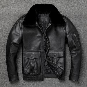 Men's Leather & Faux A2 Bomber Jacket Classic Style Oversize Fur Collar Flight Coat Genuine Addition Warm Cotton