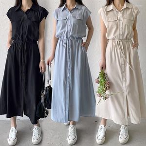 Casual Dresses 2023 Summer Sleeveless Pocket Mid Length Shirt Dress Fashion Simple High Waist Drawstring Lapel Button