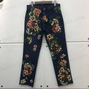 Men's Jeans Flower Graffiti Print Vintage Washed Distressed Jeans Men Women High Quality Pants Trousers T230508
