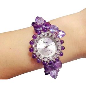 Pulseira de pulseira estudante de estudante Bracelet Watch for Women Nature Amethyst Quartz Wristwatch Purple Crystal Jewellery GiftSwristwatches