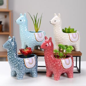 Planters Pots Cartoon Cute Alpaca Succulent Flower Pot Desktop Placed Potted Container Decoration Gift Balcony Plant Ceramic Creative 230508