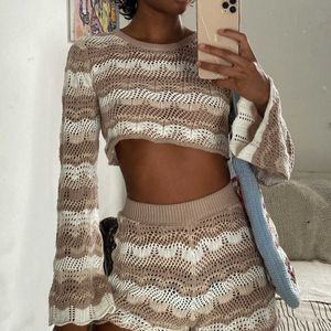 Women's Swimwear Gaono Beach Holiday Bohemian Knitted Two Piece Set Ouftits Long Sleeve Hollow Out Crop Top Pullovers + Slim Fit Short Streetwear Y23