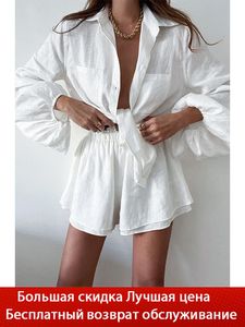 여자 트랙 슈트 여름 여자 반바지 탑 세트 섹시한 단단한 느슨한 느슨한 2 조각 세트 흰색 랜턴 슬리브 블라우스 셔츠 반바지 반바지 핏 의상 230508