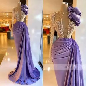2023 Purple Velvet One Shoulder Prom Evening Dresses Beaded Ruffles Formell klänning för kvinnor eleganta sjöjungfrun veck Robe de Fiesta BC14029