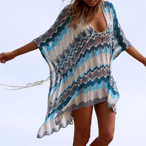 캐주얼 드레스 2023 V-Neck Batwing Sleeve Tassel Summer Beach Dress Sexy Lace Up Side Split Split Beachwear Cotton Tunic Sarongs N828