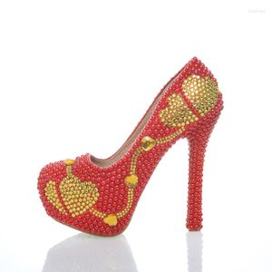 Отсуть обувь Spring Red Color Studive High Heel свадебной свадебной платформы формальная золотая вечеринка насос для вечеринок