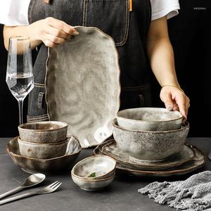 Set di stoviglie Ciotole in ceramica a grana di pietra irregolare Piatto Set di posate stile giapponese Piatti ecologici Accessori da cucina