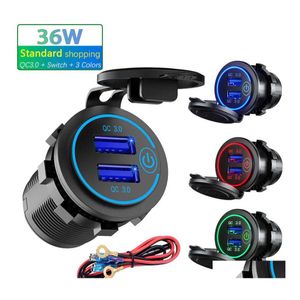 Annan Auto Electronics Switch 36W Touch QC3.0 USB Charger Socket Waterproof Motorcykelbil Bil Sändare Plug för telefon surfplatta DVR G DHQ3A