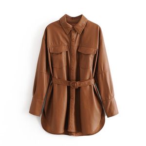 Jaquetas xnwmnz mulheres 2020 moda com cinto de couro falso solto jaqueta casaco vintage manga longa bolsos feminino outerwear chiques topos
