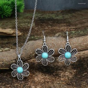 Necklace Earrings Set Bohemian Flower Pendant Necklace/Earrings Vintage Ethnic Hollow Turquoise Silver Color Alloy Ear Jewellery Sets For