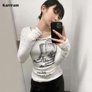 Kadın T-Shirt Karram Grunge Baskı Uzun Kollu T-Shirt Kore Moda Grafik Tişörtleri Y2K Estetik Kpop Üstleri Seksi İnce Tee Street Giyim 230508