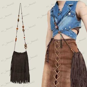 Kvällspåsar Frosted Pu Leather Fringe Tassel Original Bohemian Bag Beads Bags Women's Handbags Purs Purs Vintage Women Axel crossbody Bag T230508