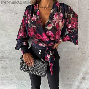 Women's Blouses Shirts Spring Sexy V-Neck Bandage Tunic Print Chiffon Top Women Solid Slim Commuter Shirts Casual Loose Cheap Long Sleeve Beach Blouses T230508