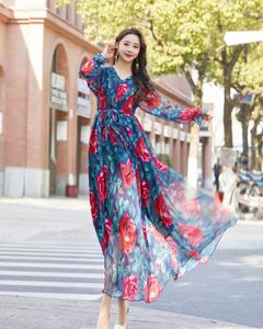 Plus Size Dresses Summer Beach Maxi Dress Women's Sundress Floral Chiffon Full Sleeve Loose Concert Holidays Long Vestido Robes