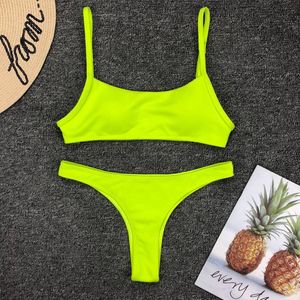 Swim Wear Neon żółty zielony strój kąpielowy Kobiety seksowne solidne push up Up Up Micro Bikini Brazylijskie letnie plażę Kąpiel Suits straszynki Biquini 230508