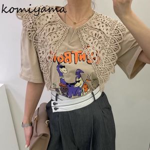 Женская футболка Komiyama Vintage Elegant Hollow Out Lapel Women Tshirts Summer Funny Cartoon Print Print