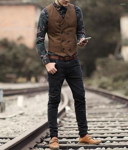 Men's Suits TPSAADE Mens Suit Vest V Neck Brown Black Double-breasted Slim Fit Waistcoat Casual Formal Business Groomman For Wedding